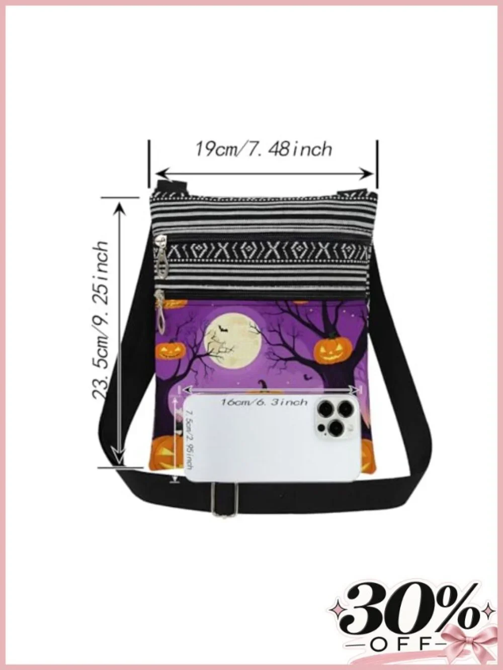 Halloween Crossbody Bag Cute Ghosts Pumpkins Full Moon Bats Adjustable Strap